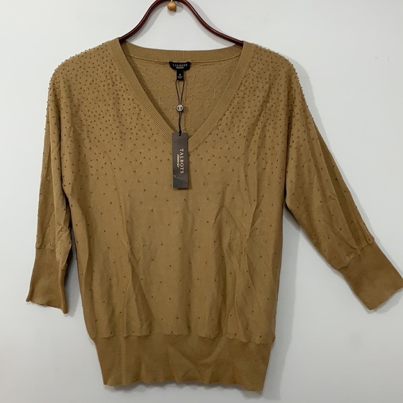 Talbots | NWT Tan Brown Silk Cotton Lightweight Beaded V-Neck Pullover Sweater S - Picture 3 of 17